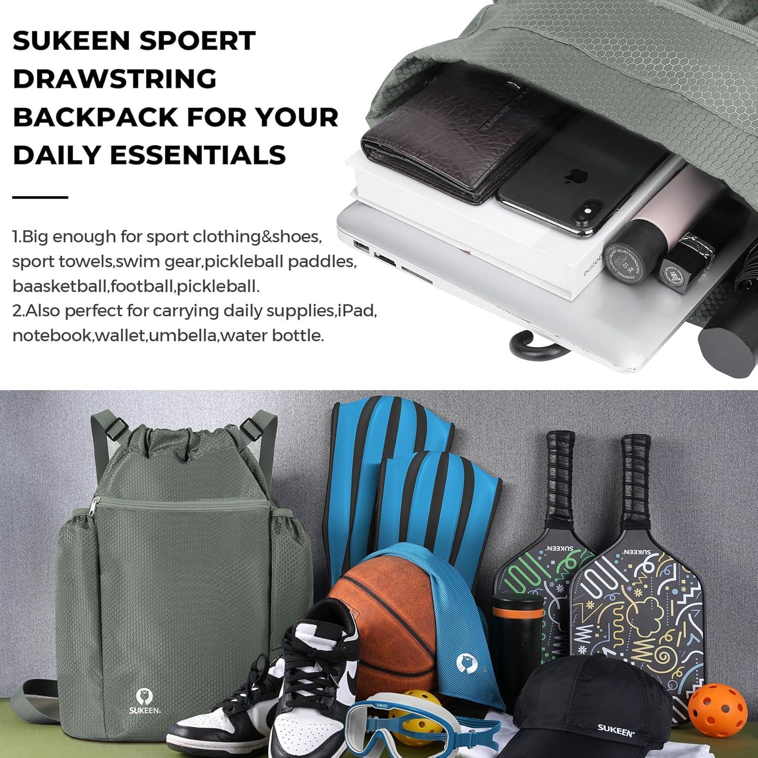 imageSukeen Drawstring Backpack Swim Bag Lightweight String Backpack for Beach Pickleball Swimming Pool Gym Workout Gear Sport