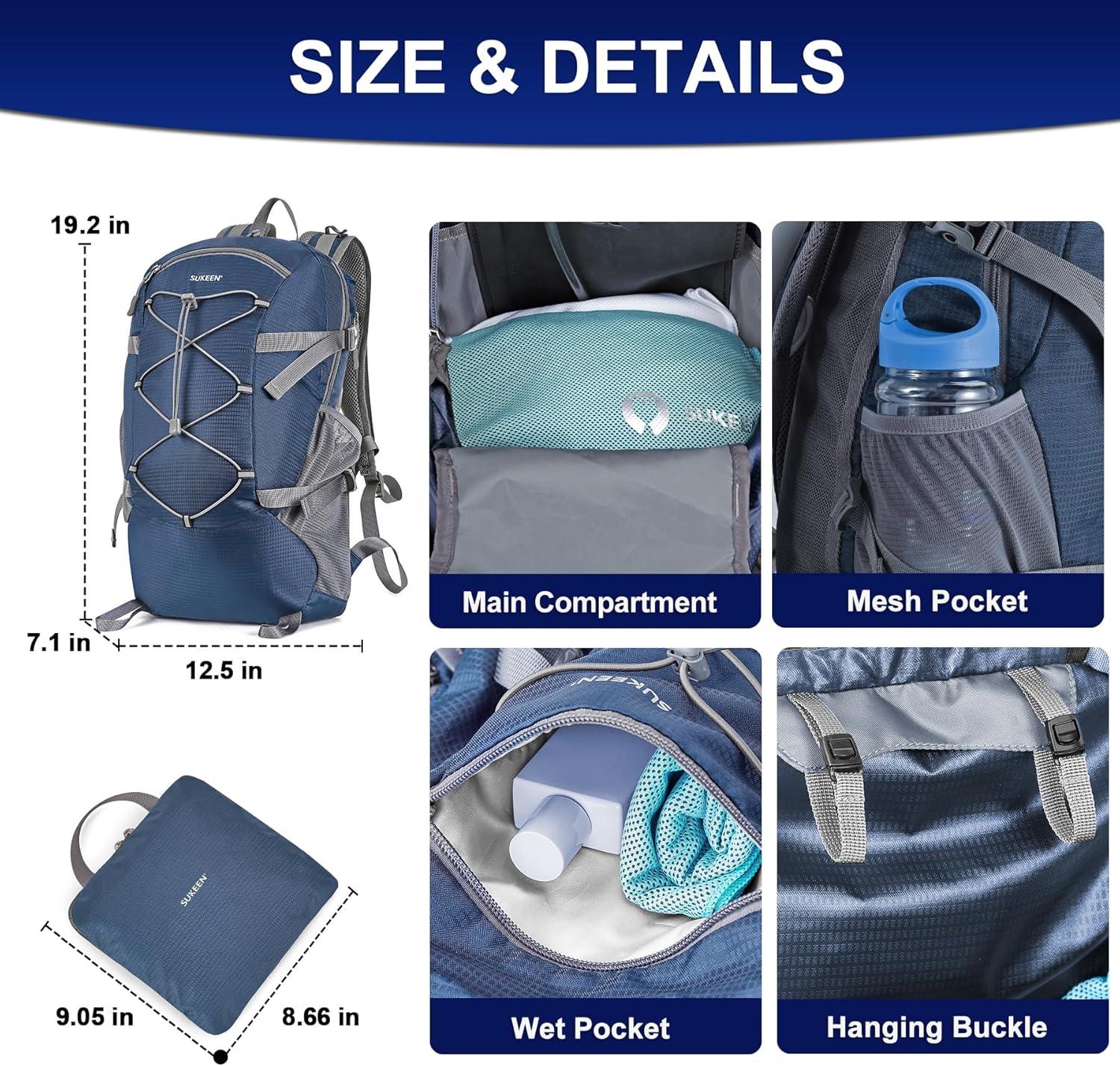 imageSukeen Hiking Backpack Packable Lightweight 30L Backpack Wear Resistant Daypack for Outdoor Travel Camping CyclingDark Blue