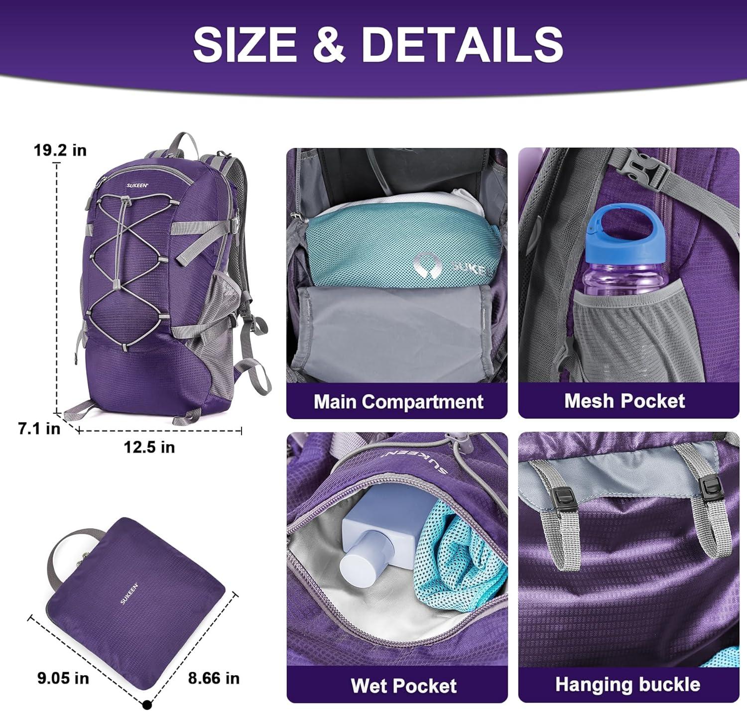 imageSukeen Hiking Backpack Packable Lightweight 30L Backpack Wear Resistant Daypack for Outdoor Travel Camping CyclingDark Purple