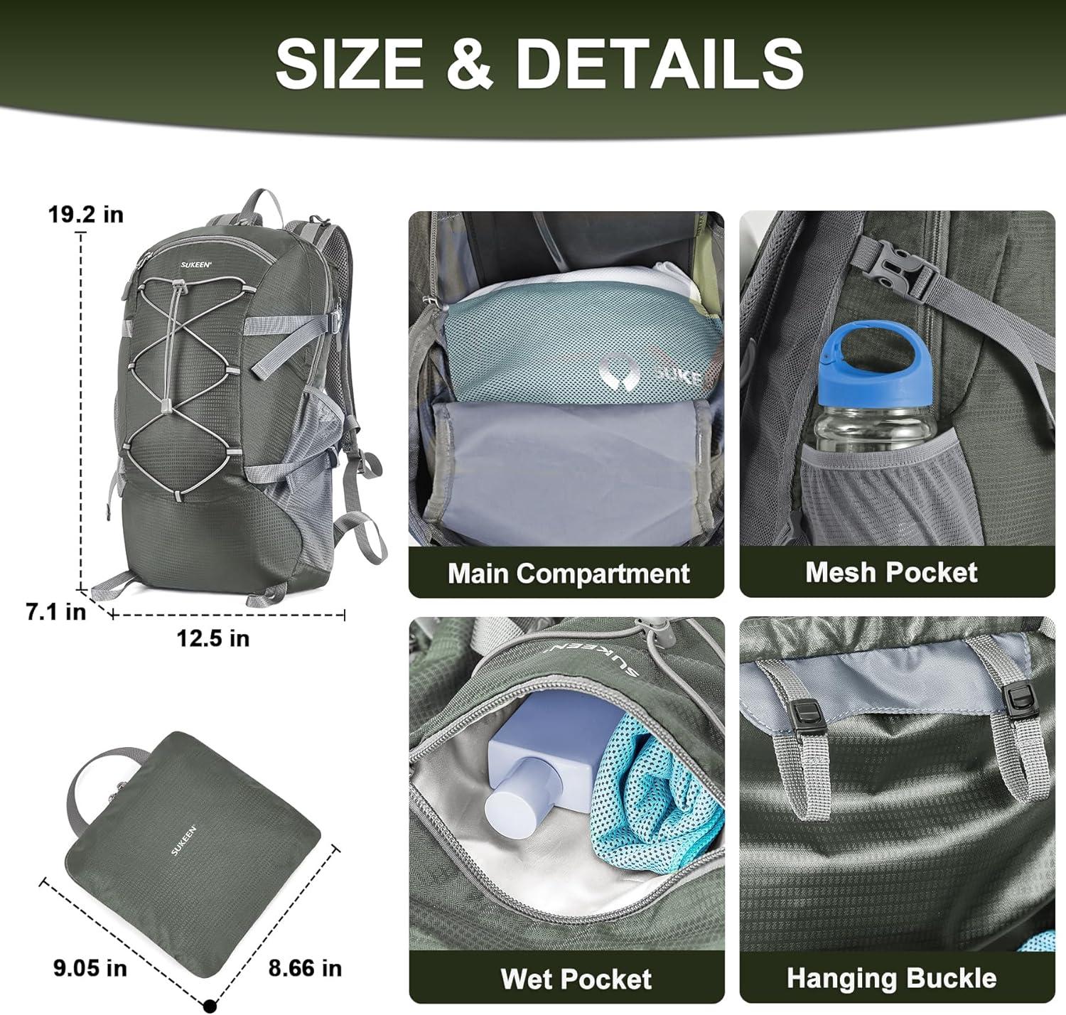 imageSukeen Hiking Backpack Packable Lightweight 30L Backpack Wear Resistant Daypack for Outdoor Travel Camping CyclingGrey