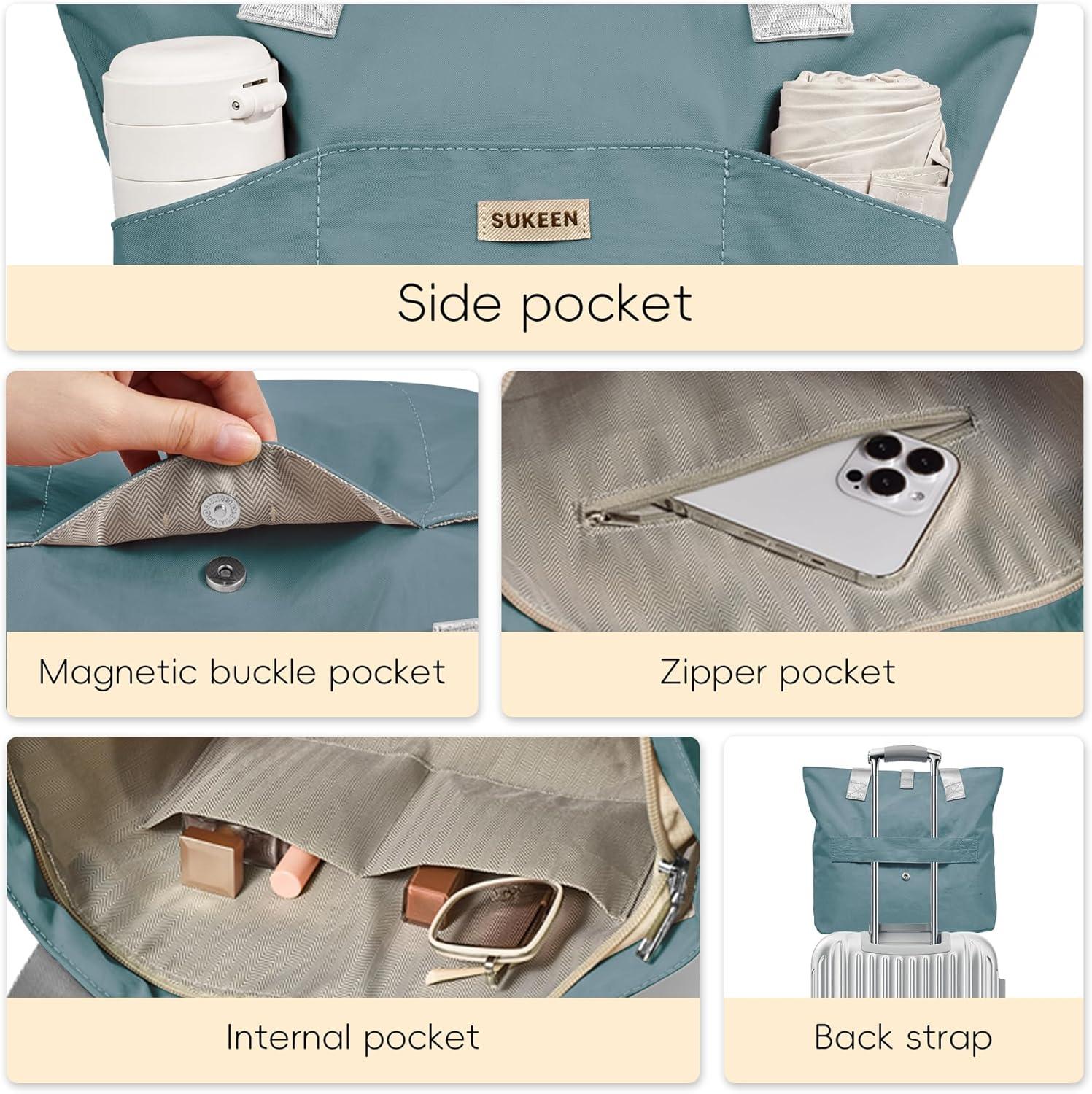 imageSukeen Tote Bag for Women Foldable Tote Bag with Zipper Daily Shoulder Bags for Travel Work Gym