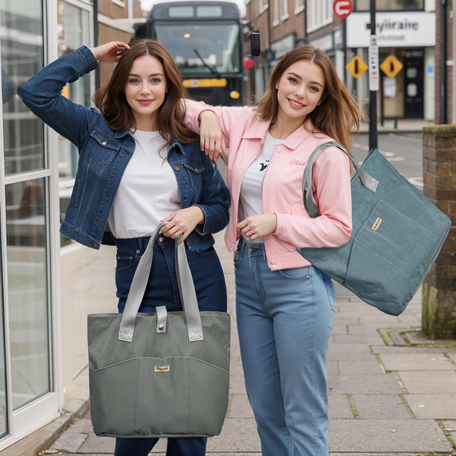 imageSukeen Tote Bag for Women Foldable Tote Bag with Zipper Daily Shoulder Bags for Travel Work Gym