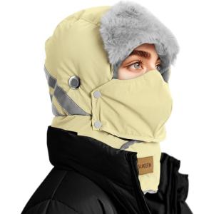 imageSukeen Trapper Hats Windproof Winter Hat Water Repellent Warm Hat Lightweight Earflap Hat with Mask for Cold Snow WeatherLight Yellow