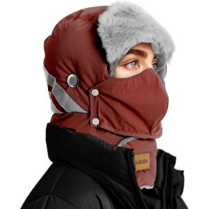 imageSukeen Trapper Hats Windproof Winter Hat Water Repellent Warm Hat Lightweight Earflap Hat with Mask for Cold Snow WeatherRed