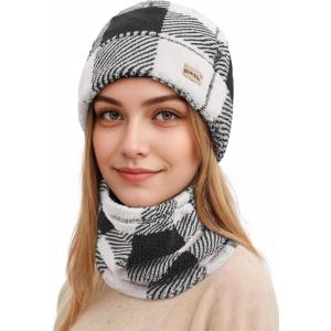 imageSukeen Womens Winter Beanie Hat Scarf Set Elastic Snow Skull Cap Prints Warm Soft Hat for Cold WeatherBlack and White Plaid