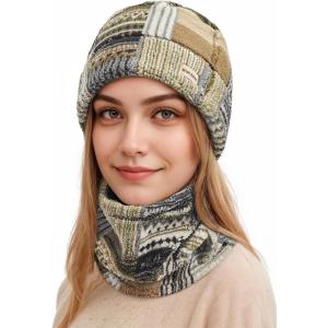 imageSukeen Womens Winter Beanie Hat Scarf Set Elastic Snow Skull Cap Prints Warm Soft Hat for Cold WeatherBlue and Green Stripes