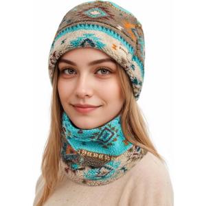 imageSukeen Womens Winter Beanie Hat Scarf Set Elastic Snow Skull Cap Prints Warm Soft Hat for Cold WeatherColorful Diamond