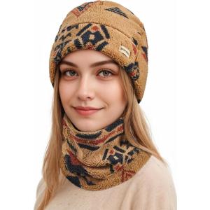 imageSukeen Womens Winter Beanie Hat Scarf Set Elastic Snow Skull Cap Prints Warm Soft Hat for Cold WeatherKhaki