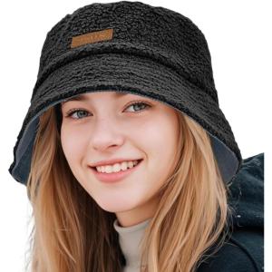 imageSukeen Womens Winter Bucket Hats Faux Fur Fuzzy Warm Fisherman Hat for Trendy DailyBlack