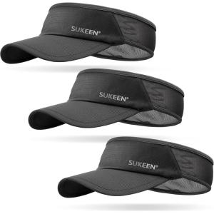 imageSukeen 3 Pack Sports Sun Visor Men Women Lightweight Packable Cooling Stretchy Visor Hat for Running Tennis Golf3 Black