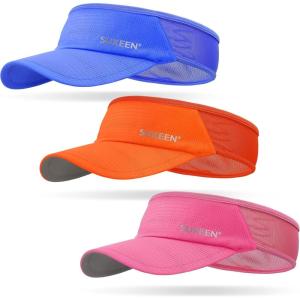 imageSukeen 3 Pack Sports Sun Visor Men Women Lightweight Packable Cooling Stretchy Visor Hat for Running Tennis GolfBlueOrangeRose Red