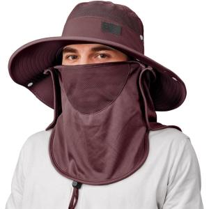 imageSukeen Fishing Hat for Men Women Wide Brim Outdoor UPF 50 Sun Protection with Detachable Neck Flap and Face MaskBrownish Red