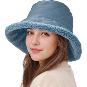 imageSukeen Fuzzy Bucket Hat for Women Wide Brim Faux Fur Winter Warm Hat Fluffy Teddy Sherpa Fisherman Cap for LadyBlue