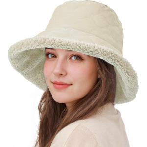 imageSukeen Fuzzy Bucket Hat for Women Wide Brim Faux Fur Winter Warm Hat Fluffy Teddy Sherpa Fisherman Cap for LadyOffwhite