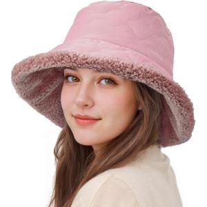 imageSukeen Fuzzy Bucket Hat for Women Wide Brim Faux Fur Winter Warm Hat Fluffy Teddy Sherpa Fisherman Cap for LadyPink