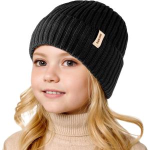 imageSukkeen Kids Winter Beanie Hat for Girls ampamp Boys  Warm Knitted Hat Age 310 Seepage Proof Skull Cap for Daily Outdoor UseBlack
