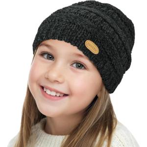 imageSukeen Kids Winter Hat Chenille Knit Beanie Hat with Lined for Girls Boys Toddlers Ages 38 Warm Skull Caps for OurdoorBlack