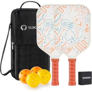 imageSukeen Pickleball Paddles Set of 2 Frosted Cloth Texture Surface Pickleball Paddle Pickleball Set13mm Fiberglass Pickle Ball Rackets 2 Pack Elongated Handle 4 Balls Eraser Off White