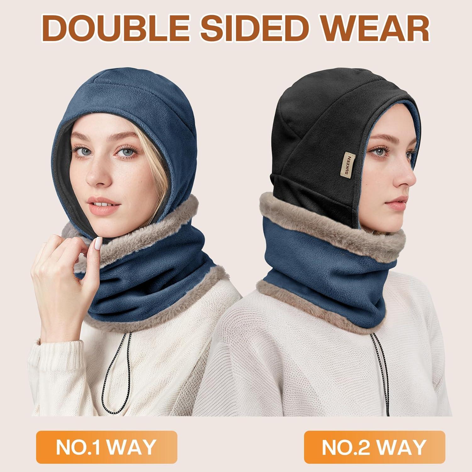imageSukeen Winter Hat Scarf Set for Women Double Side Wear Warm Hat Antistatic Cold Weather Hats with Thick Fleece ScarfNavy Blue