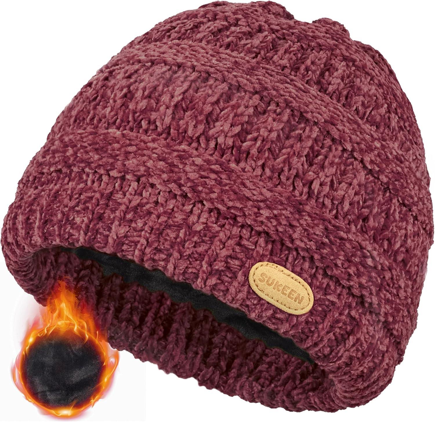 imageSukeen Kids Winter Hat Chenille Knit Beanie Hat with Lined for Girls Boys Toddlers Ages 38 Warm Skull Caps for OurdoorWine Red