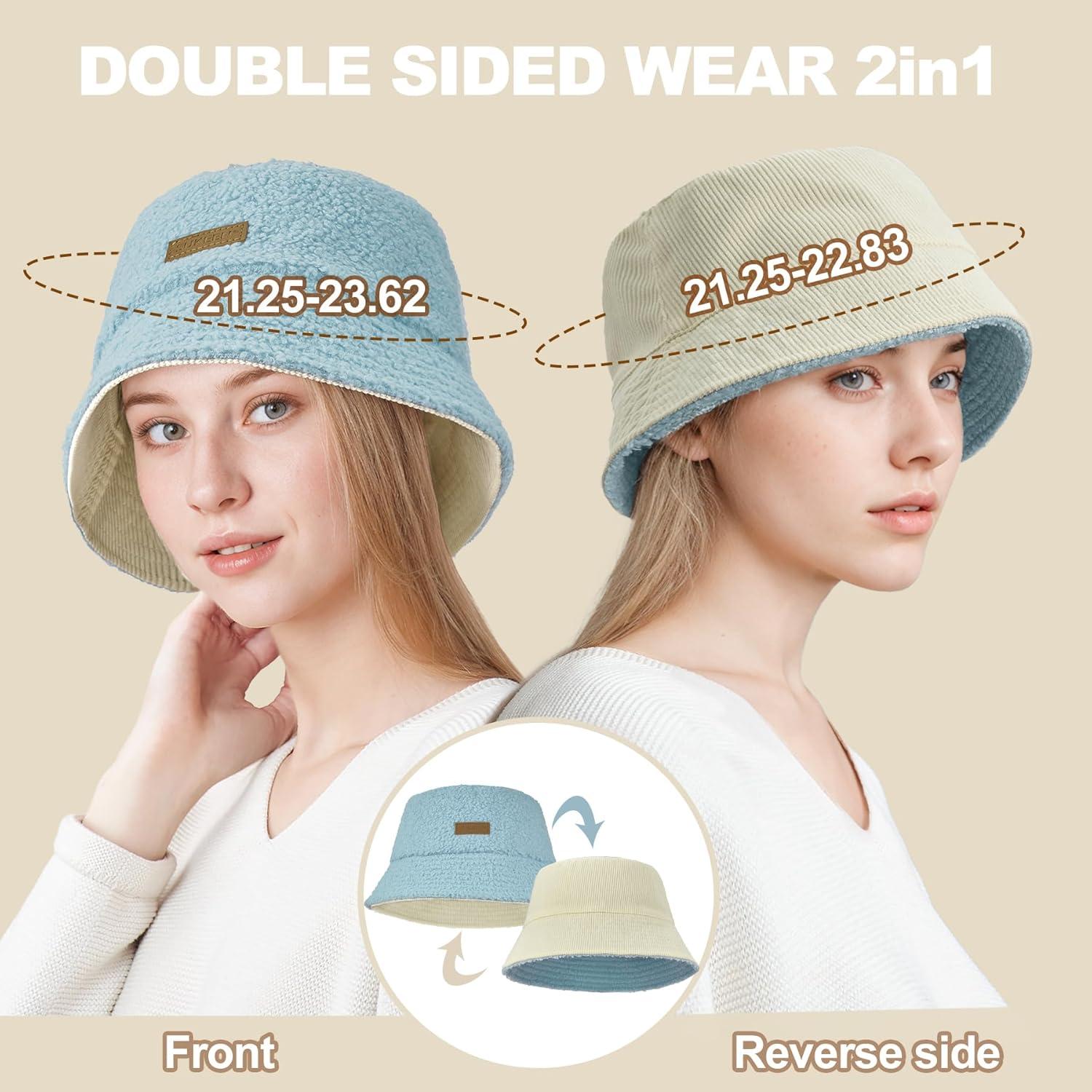 imageSukeen Winter Bucket Hat for Women Men Double Side Wear Warm Hat Faux Fur Plush Winter Hat Trendy Fisherman Cap for DailyBluebeige