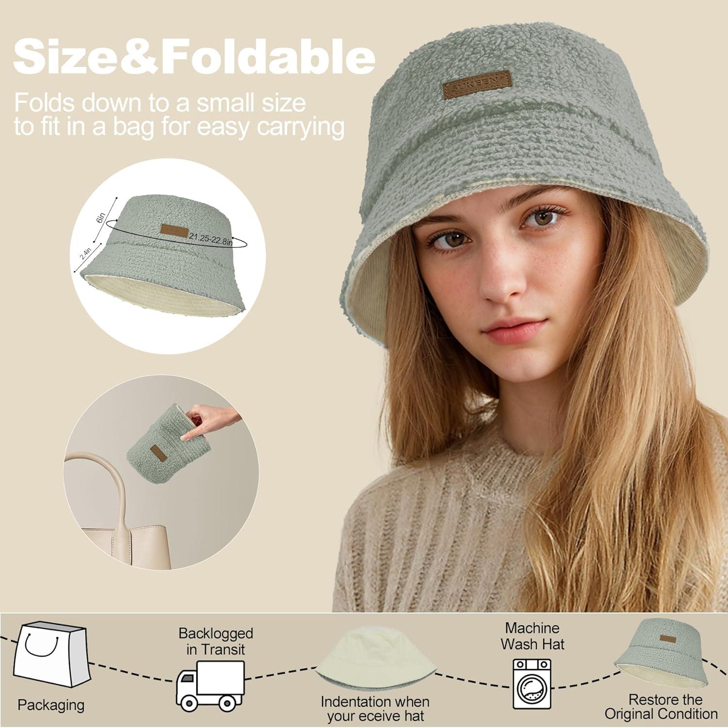 imageSukeen Winter Bucket Hat for Women Men Double Side Wear Warm Hat Faux Fur Plush Winter Hat Trendy Fisherman Cap for DailyGreybeige