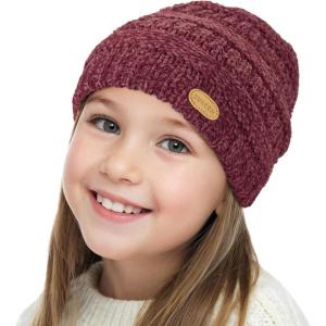 imageSukeen Kids Winter Hat Chenille Knit Beanie Hat with Lined for Girls Boys Toddlers Ages 38 Warm Skull Caps for Ourdoor Wine Red